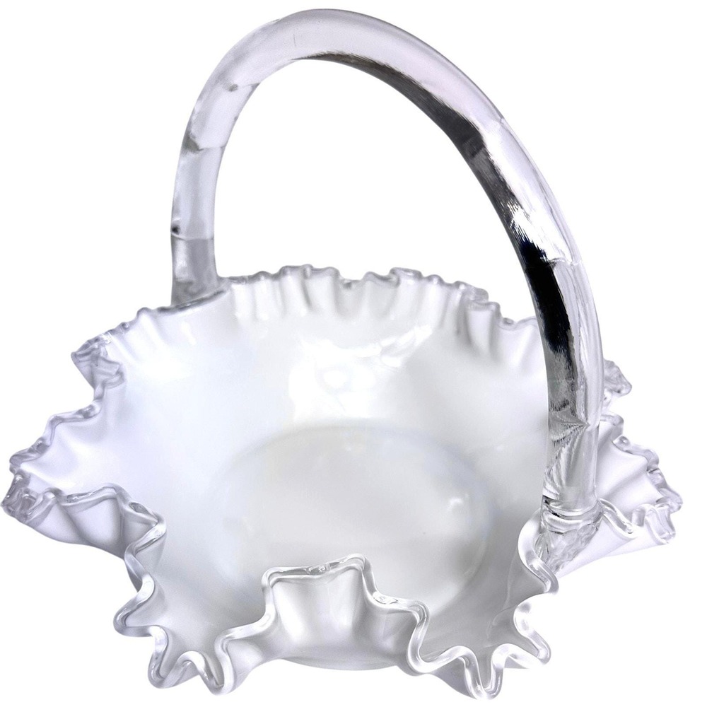 Vintage Fenton Silver Crest Milk Glass Basket with Handle, Ruffled Edge